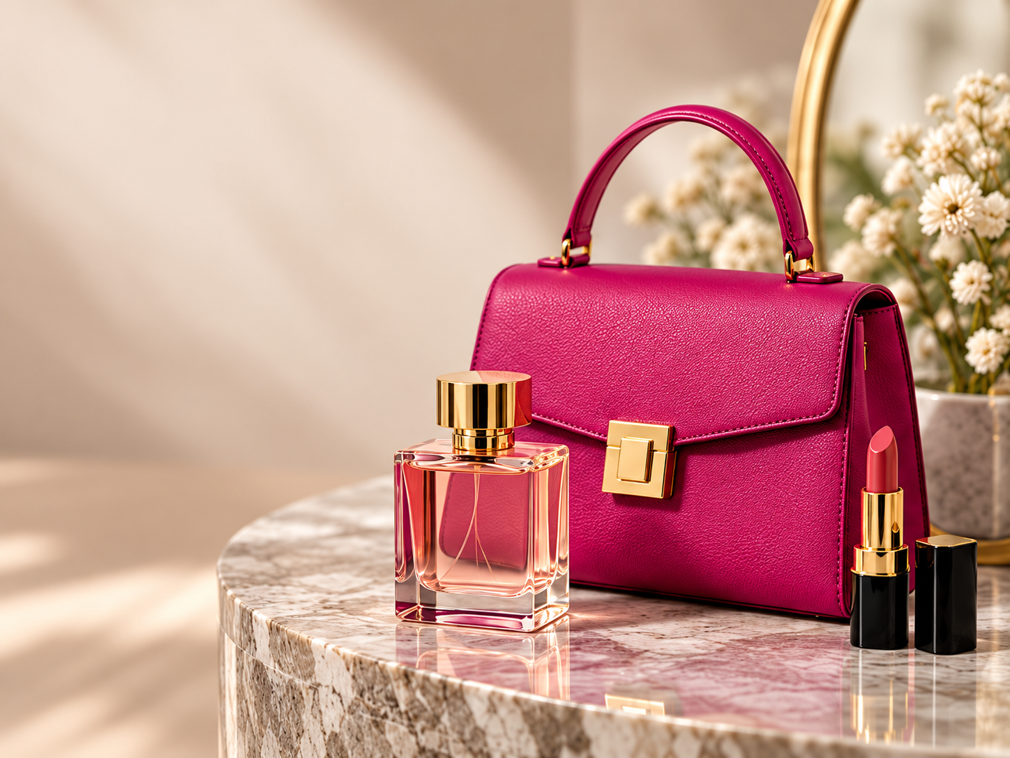 Pink handbag, perfume and lipstick on cream stone